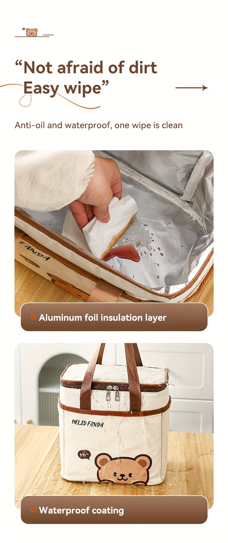 1pc Non-food contact Large Capacity Insulated Lunch Bag - Portable, Dust & Waterproof Bento Box Carrier with Cute Bear Design, Durable Oxford Fabric, Brown Faux Leather Handles & Zipper Closure, Perfect for Students & Adults, Student Lunch Bag | Rectangular Lunch Bag | Durable Lunch Bag