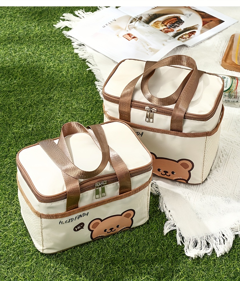1pc Non-food contact Large Capacity Insulated Lunch Bag - Portable, Dust & Waterproof Bento Box Carrier with Cute Bear Design, Durable Oxford Fabric, Brown Faux Leather Handles & Zipper Closure, Perfect for Students & Adults, Student Lunch Bag | Rectangular Lunch Bag | Durable Lunch Bag