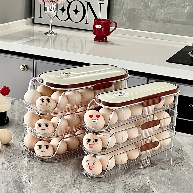 Space-Saving Multi-Layer Egg Dispenser - Automatic Rolling, Large Capacity Refrigerator Egg Storage Box with Basket