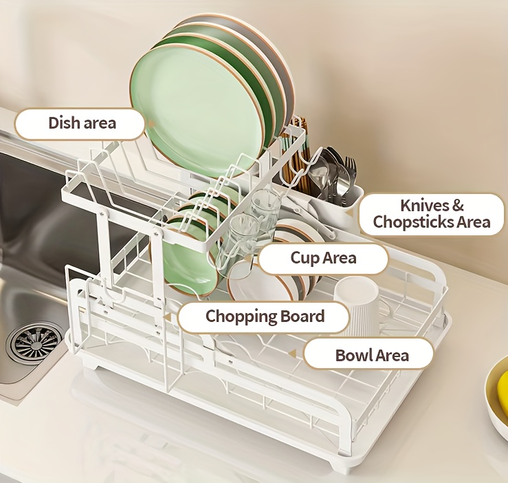 1pc Dish Drying Rack Drainboard, Large 2 Tier Metal Dish Racks with Drainage, Glass Holder, Utensil Holder and Extra Drying Mat, Dish Drainers for Kitchen Counter, Black, White& Grey