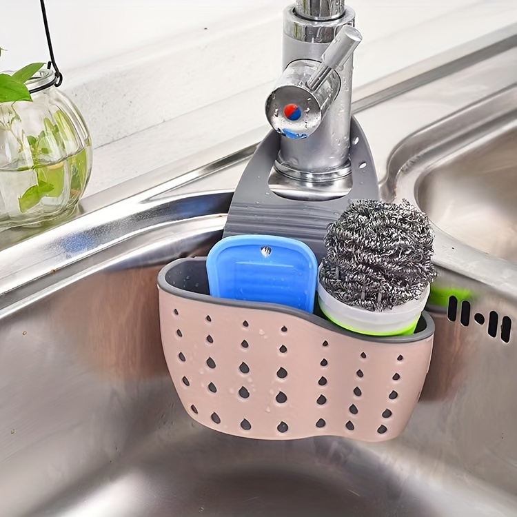 1pc Sink Sponge Holder, Sink Organizer Storage Box, Hangable Multifunctional Drain Adjustable Shoulder Strap, Kitchen Sink Sponge Holder And Kitchen Bathroom Faucet Hanging Basket Storage, Kitchen Supplies