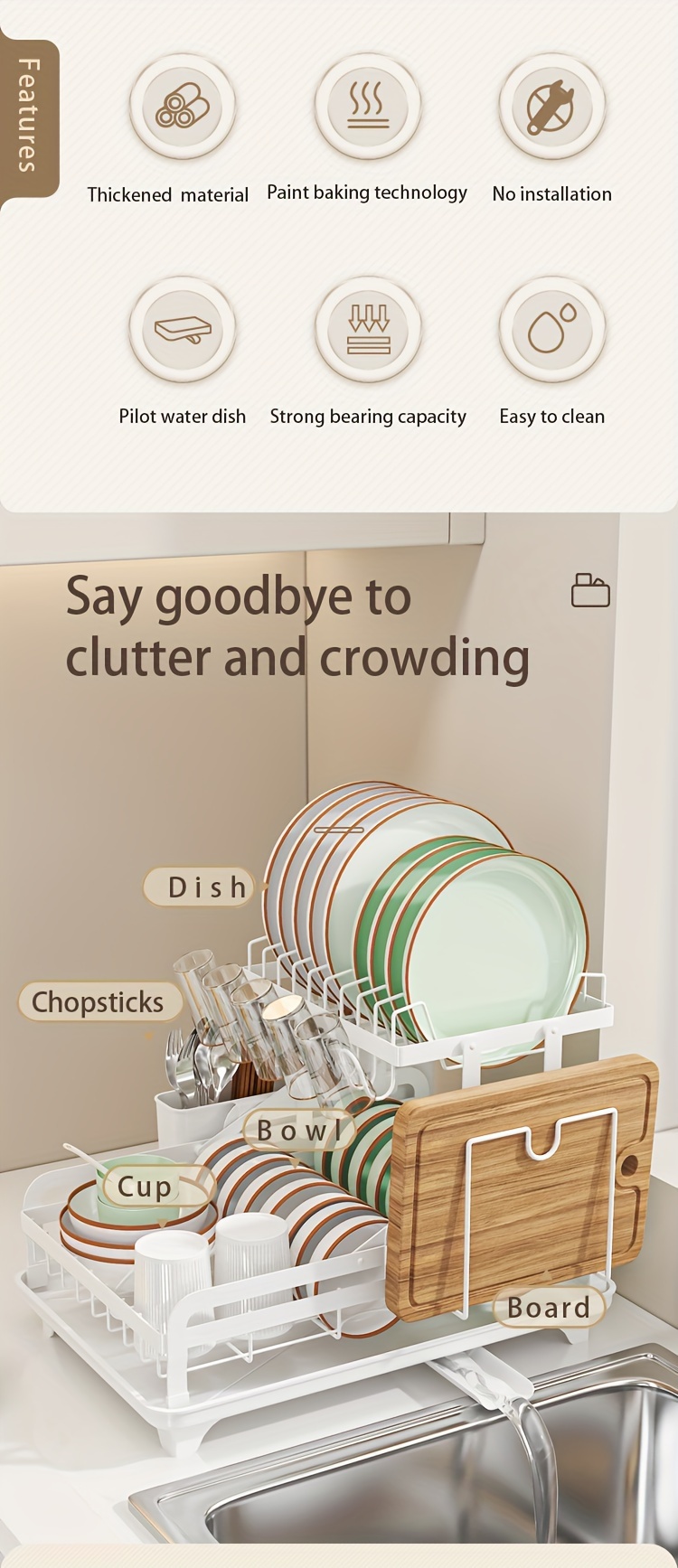 1pc Dish Drying Rack For Kitchen Countertop, Double Layers Large Capacity Dish Drying Rack With Drainboard Steel, Dish Drainer With Drainage Utensil Holder, For Dish, Knifes, Cup, Cutting Board (41.4 * 28.96 * 27.43cm), Kitchen Supplies