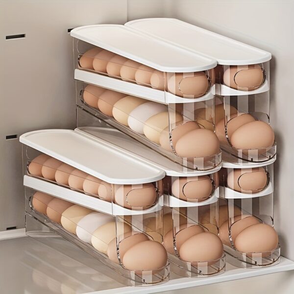12-14 Eggs Automatic Double-Layer Sliding Egg Storage Container, Hinged Design, Fresh Egg Keeper, Plastic Material, Non-Contact with Food, with Refrigerator Space Saver Egg Rack for Kitchen