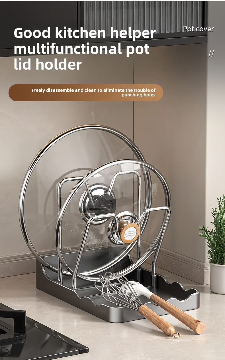 Kitchen lid rack with light and minimalist design for high-end kitchen lid storage. This versatile rack is suitable for pots, pans, frying pans, spatulas and spoons for kitchen and dining room organization and storage for home accessories