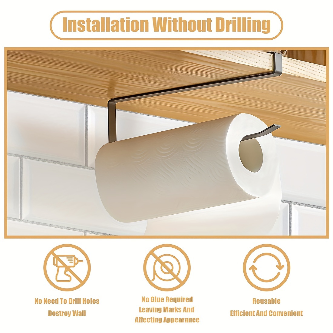 1pc Under Cabinet Kitchen Roll Holder, No Drilling Required, Space Saving, Modern Stainless Steel Paper Towel Rack, Durable Wrought Iron, Thickened Flat Wire With Rounded Edges & Tall Hook Design