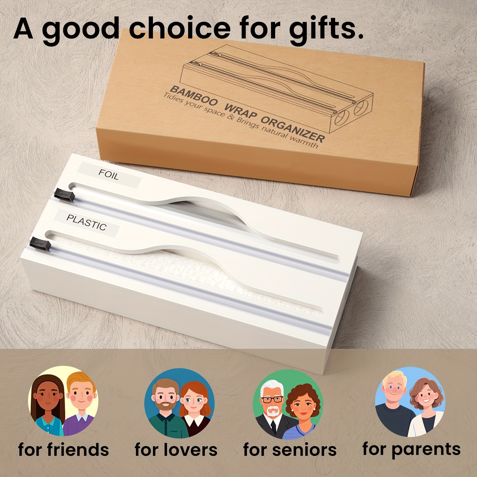 1pc 2-in-1 Bamboo Wrap Dispenser with Cutter & Labels - Multi-Compartment Kitchen Organizer for Wraps, Slices, and Wraps - Includes Aluminum Foil & Wax Paper - Perfect for Kitchen Drawers, Black/White, Kitchen Organizers And Storage