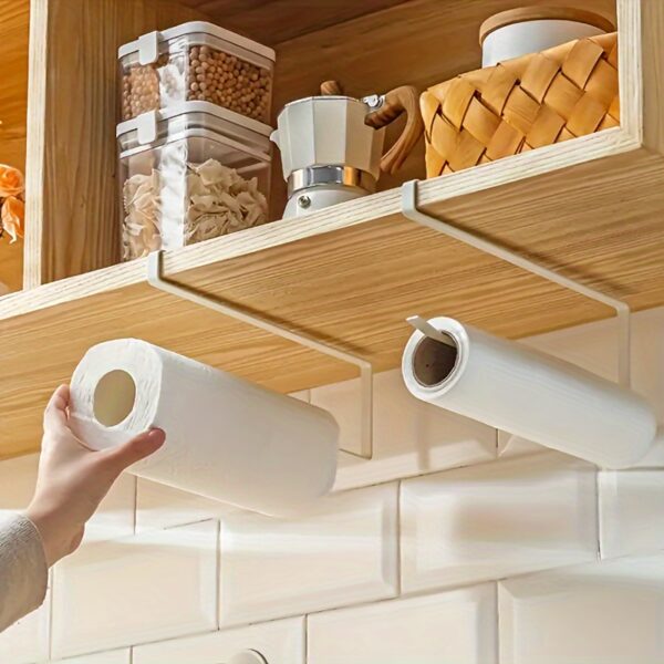 1pc Easy-Install Iron Kitchen Paper Towel Holder - Space-Saving Cabinet Roll Organizer, No-Drill Cling Film & Dishcloth Rack, Modern Design for Home Kitchen Accessories