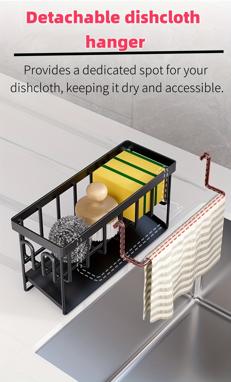 Versatile Kitchen Sink Organizer with Towel Rack - Metal Sponge Holder, Dish Soap Caddy & Self-Draining Tray - Black and White