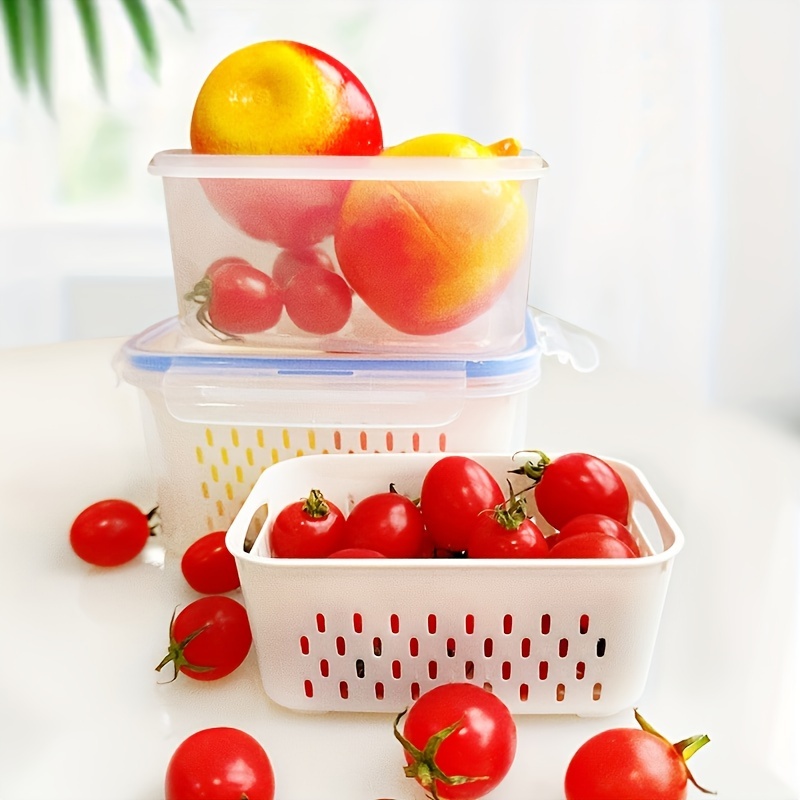 2/4pcs Storage Box, Multifunctional Leak-proof Reusable Food Storage Box, Double-layer Fresh-keeping Box Drain Basket, with Lid, Stackable Large Food Sealed Box, Suitable for Meat, Fruits and Vegetables, Kitchen Storage Box, Kitchen Accessories, Storage Bins for Home Organization