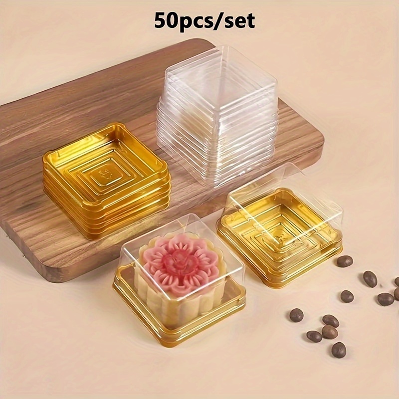 50pcs Disposable Golden Square Cake Packaging Box - Luxurious Gift Cake Box with Mooncake Insert and Sturdy Thickened Baking Blister Construction - Perfect for Mothers Day, Fathers Day, Wedding Party, Birthday Celebrations and Small Cake Gifting