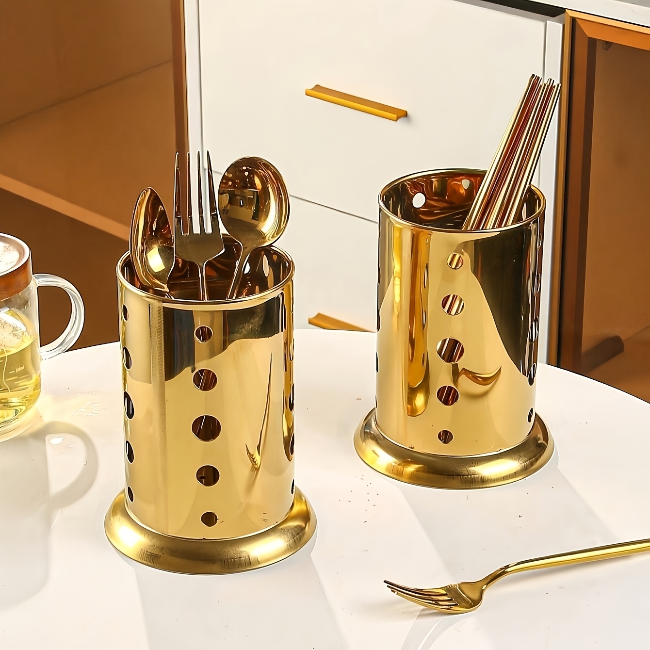 Golden Stainless Steel Kitchen Utensil Holder - Rust-Proof Wall-Mounted Storage Rack for Spoons, Knives, Forks, and Cooking Tools, Elegant Home Decor Accessory, Kitchen Accessories