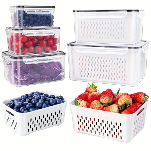9pcs Set Large Leakproof Fridge Storage Containers with Removable Colander - Dishwasher Safe, Keeps Fruits, Vegetables, Berries & Meat Fresh Longer