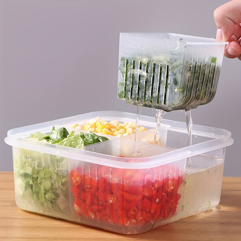 4-Compartment Food Storage Container with Drainage and Flip Top Lid, Hand Wash Plastic Multipurpose Organizer, Reusable Square Clear Partitioned Refrigerator Crisper with Detachable Sections for Salad, Fruits, Vegetables, Condiments - Image 8