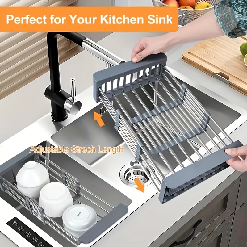 Expansion Sink Drain Basket - Retractable Stainless Steel Dish Rack for Kitchen, Lightweight & Compact, Ideal for Vegetables, Fruits, and Dishes, Dish Drying Rack for Kitchen Counter