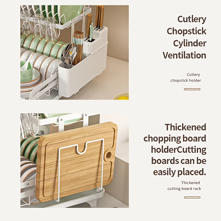 1pc Dish Drying Rack Drainboard, Large 2 Tier Metal Dish Racks with Drainage, Glass Holder, Utensil Holder and Extra Drying Mat, Dish Drainers for Kitchen Counter, Black, White& Grey