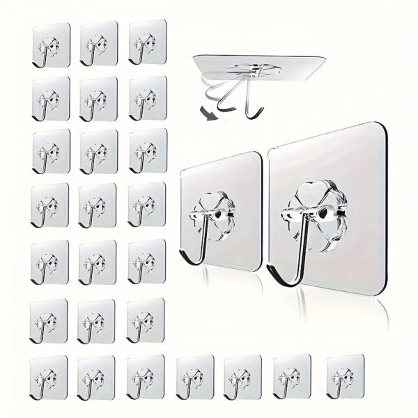 [30pcs Heavy Duty Wall Hooks] 30pcs Transparent Plastic Wall Mount Kitchen Hooks, Casual Style, Easy Install, Multifunctional, Heavy Duty 9.98 KG, Self-Adhesive with Anti-Skid Traceless Design for Hanging