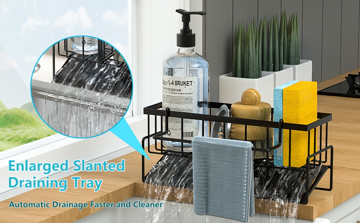 1pc Premium Kitchen Sink Caddy - Integrated Sponge Holder - Multipurpose Kitchen Countertop Organizer for Dishcloth, Dish Soap, Brushes - Space-Saving Kitchen Organizer Rack, Kitchen Accessories