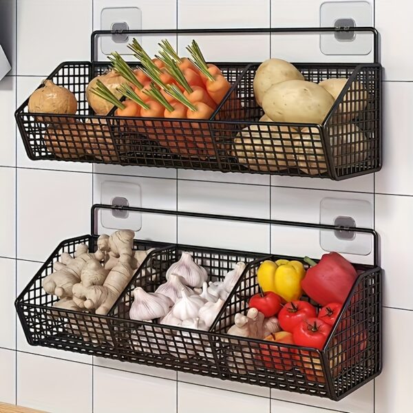 2-Tier Wall-Mounted Metal Kitchen Storage Rack - Durable Vegetable, Garlic, and Onion Organizer Basket - Space-Saving Design for Small Spaces - Modern Black Wire Mesh Holder, Produce Organizer | Sleek Wireframe | Sturdy Construction, Kitchen Organizers And Storage