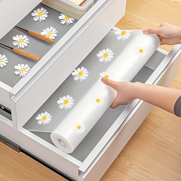 Daisy Floral Kitchen Drawer Liner - Moisture-Resistant Plastic Shelf Protector with Yellow Center Flowers & Green Leaves, Ideal for Organizing Spices, Baking Supplies, and More, Kitchen Organization | Decorative Drawer Liner | Plastic Shelf Protector, Drawer Organizers And Storage