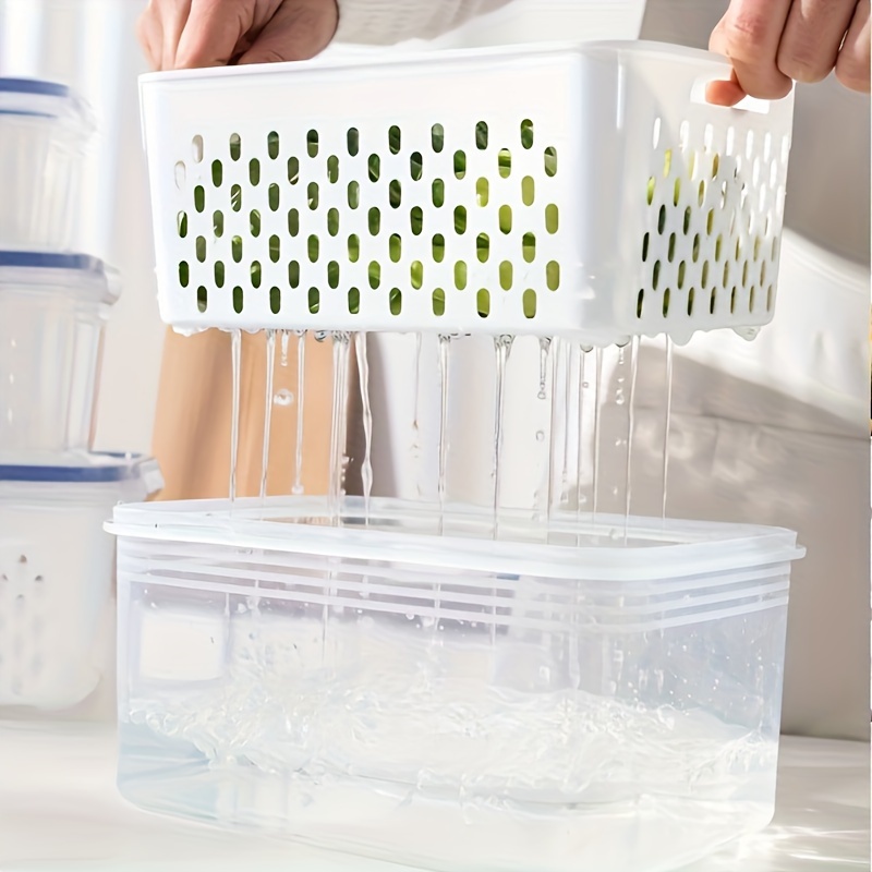 2/4pcs Storage Box, Multifunctional Leak-proof Reusable Food Storage Box, Double-layer Fresh-keeping Box Drain Basket, with Lid, Stackable Large Food Sealed Box, Suitable for Meat, Fruits and Vegetables, Kitchen Storage Box, Kitchen Accessories, Storage Bins for Home Organization