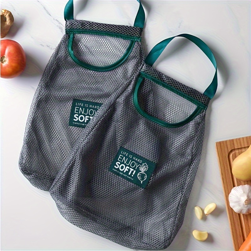 1pc Hanging Mesh Storage Bag with Handle for Fruits and Vegetables, Kitchen Ginger Garlic Food Storage Net Pocket