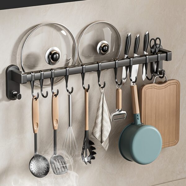 1pc Multifunctional Kitchen Storage Rack - Durable Plastic Wall-Mounted Organizer with Nail-Free Adhesive & Perforated Screws, Widened Raised Design for Utensils, Knives, Seasonings, Chopsticks, Rags - Space-Saving Kitchen Organization, Sleek Modern Look | Sturdy Construction, Kitchen Organizers And Storage