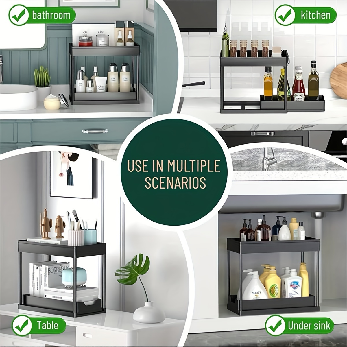 1pc Plastic Under Sink Organizers And Storage,Bathroom Organizer, 2-Tier Sliding Cabinet Basket Organizer With Hooks,Multi-Purpose Cabinet Organizer For Bathroom Kitchen