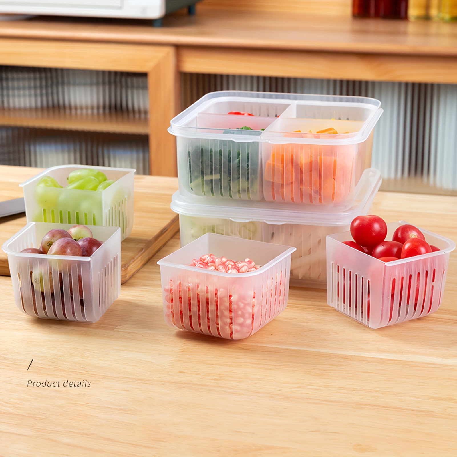 4-Compartment Food Storage Container with Drainage and Flip Top Lid, Hand Wash Plastic Multipurpose Organizer, Reusable Square Clear Partitioned Refrigerator Crisper with Detachable Sections for Salad, Fruits, Vegetables, Condiments