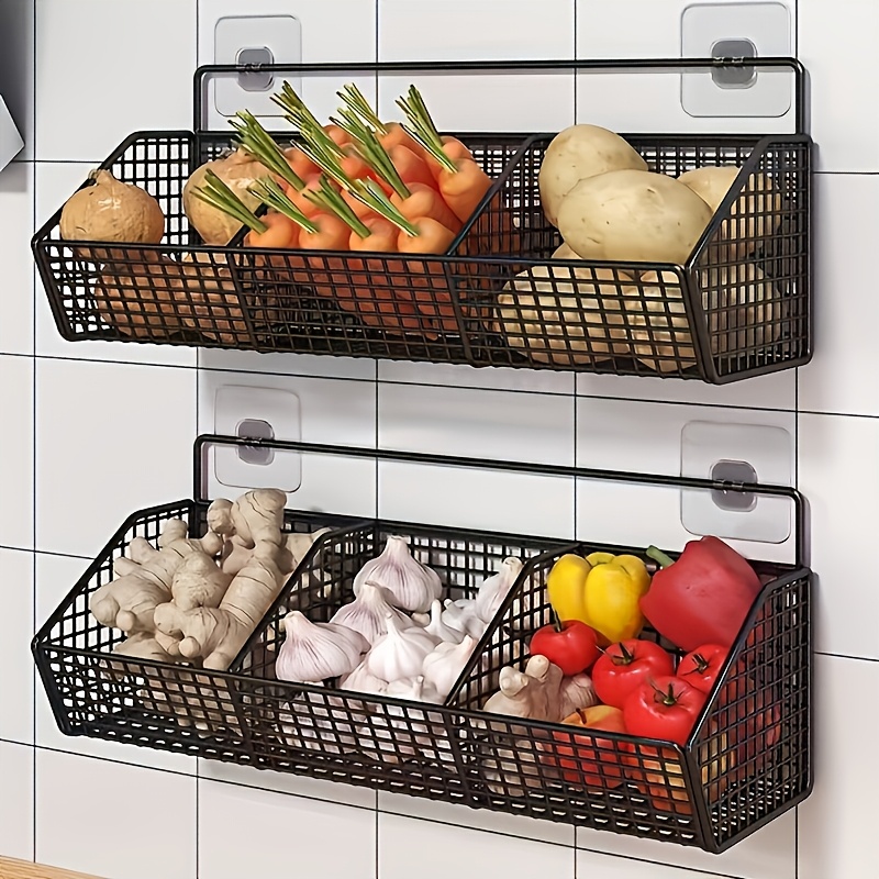 2-Tier Wall-Mounted Metal Kitchen Storage Rack - Durable Vegetable, Garlic, and Onion Organizer Basket - Space-Saving Design for Small Spaces - Modern Black Wire Mesh Holder, Produce Organizer | Sleek Wireframe | Sturdy Construction, Kitchen Organizers And Storage