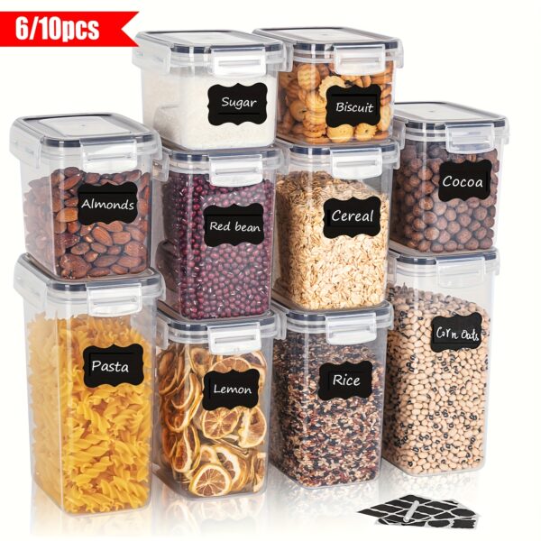 6/10 Pack BPA-Free Plastic Airtight Food Storage Containers with Latch Closure, Dishwasher Safe, Multipurpose Rectangular Kitchen & Pantry Organizers for Sugar, Flour, Baking - Includes Labels & Marker