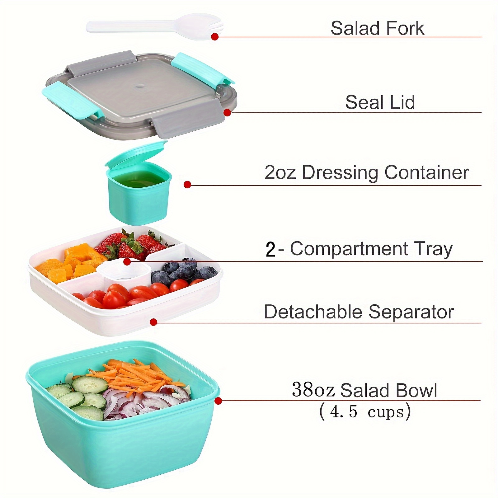 1pc Salad Box 1100ML, Portable Salad Lunch Container, 2 Compartments with Dressing Cup, Large Bento Boxes, Meal Prep to Go Containers for Food Fruit Snack,Back to School