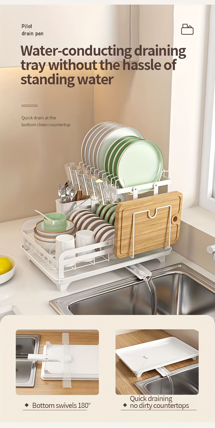 1pc Dish Drying Rack Drainboard, Large 2 Tier Metal Dish Racks with Drainage, Glass Holder, Utensil Holder and Extra Drying Mat, Dish Drainers for Kitchen Counter, Black, White& Grey