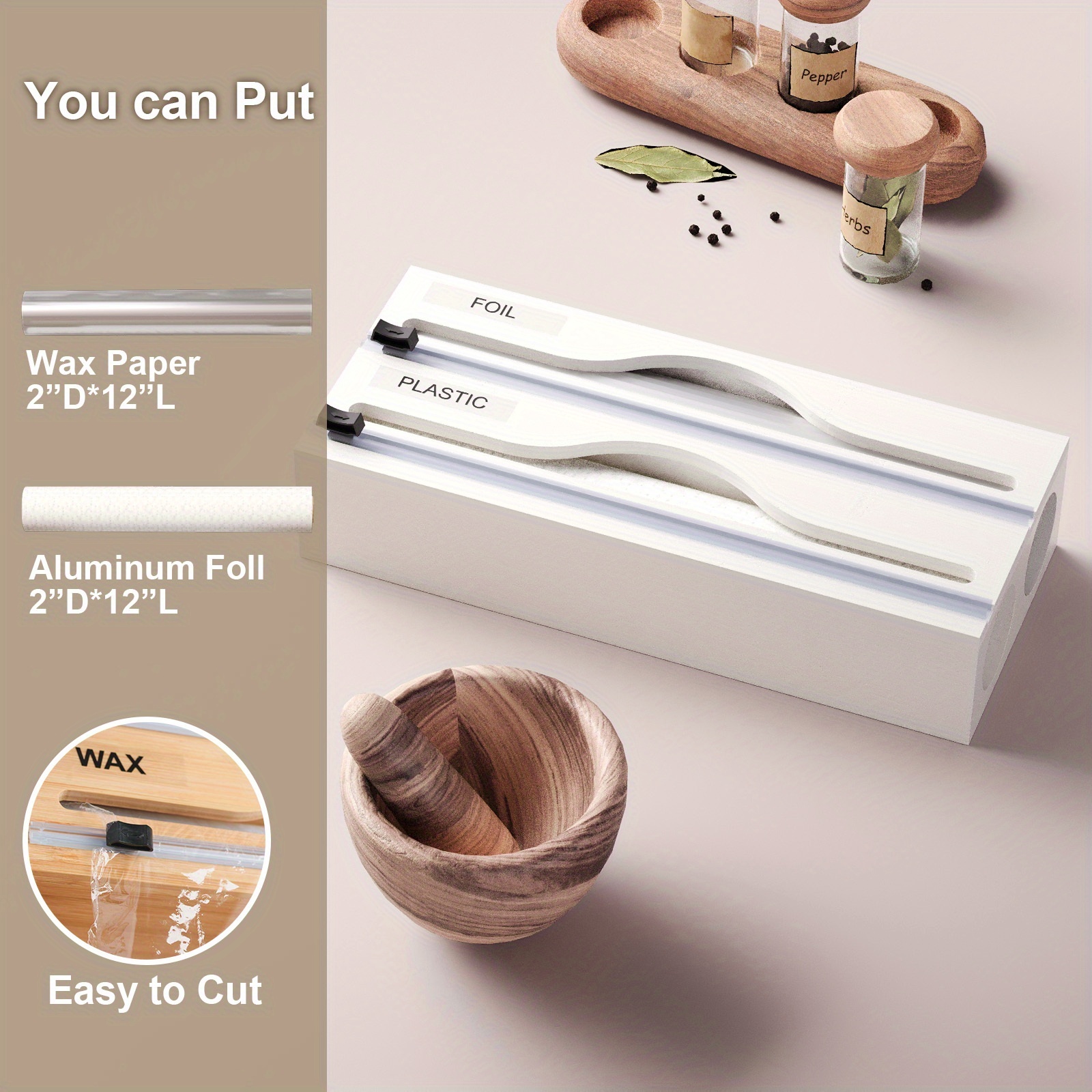 1pc 2-in-1 Bamboo Wrap Dispenser with Cutter & Labels - Multi-Compartment Kitchen Organizer for Wraps, Slices, and Wraps - Includes Aluminum Foil & Wax Paper - Perfect for Kitchen Drawers, Black/White, Kitchen Organizers And Storage