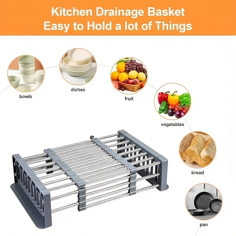 Expansion Sink Drain Basket - Retractable Stainless Steel Dish Rack for Kitchen, Lightweight & Compact, Ideal for Vegetables, Fruits, and Dishes, Dish Drying Rack for Kitchen Counter