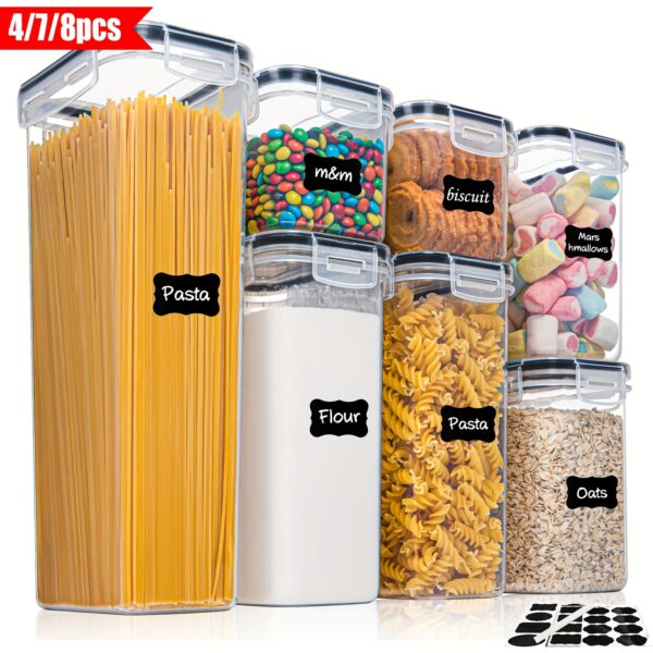 4/7/8pcs Airtight Food Storage Containers Set with Lids, BPA Free Plastic Dry Food Canisters for RV Kitchen Pantry Organization, Dishwasher Safe, with Labels