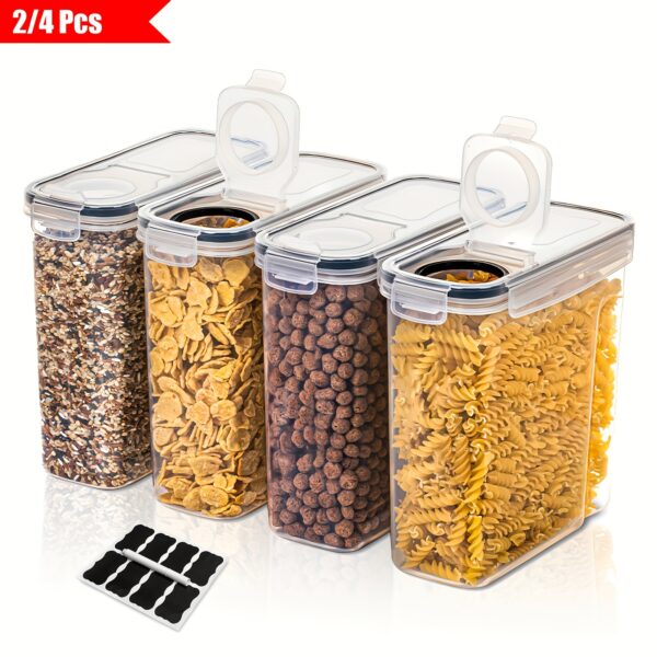Set of 2/4 Cereal Storage Containers, Made from Bpa-Free Plastic, Designed to Be Airtight for Storing Food. Each Container Holds 2.5 Liters (88 Ounces) And Is Suitable for Cereals, Snacks, And Sugar. This 4pcs Set Includes Cereal Dispensers with Labels in Black.