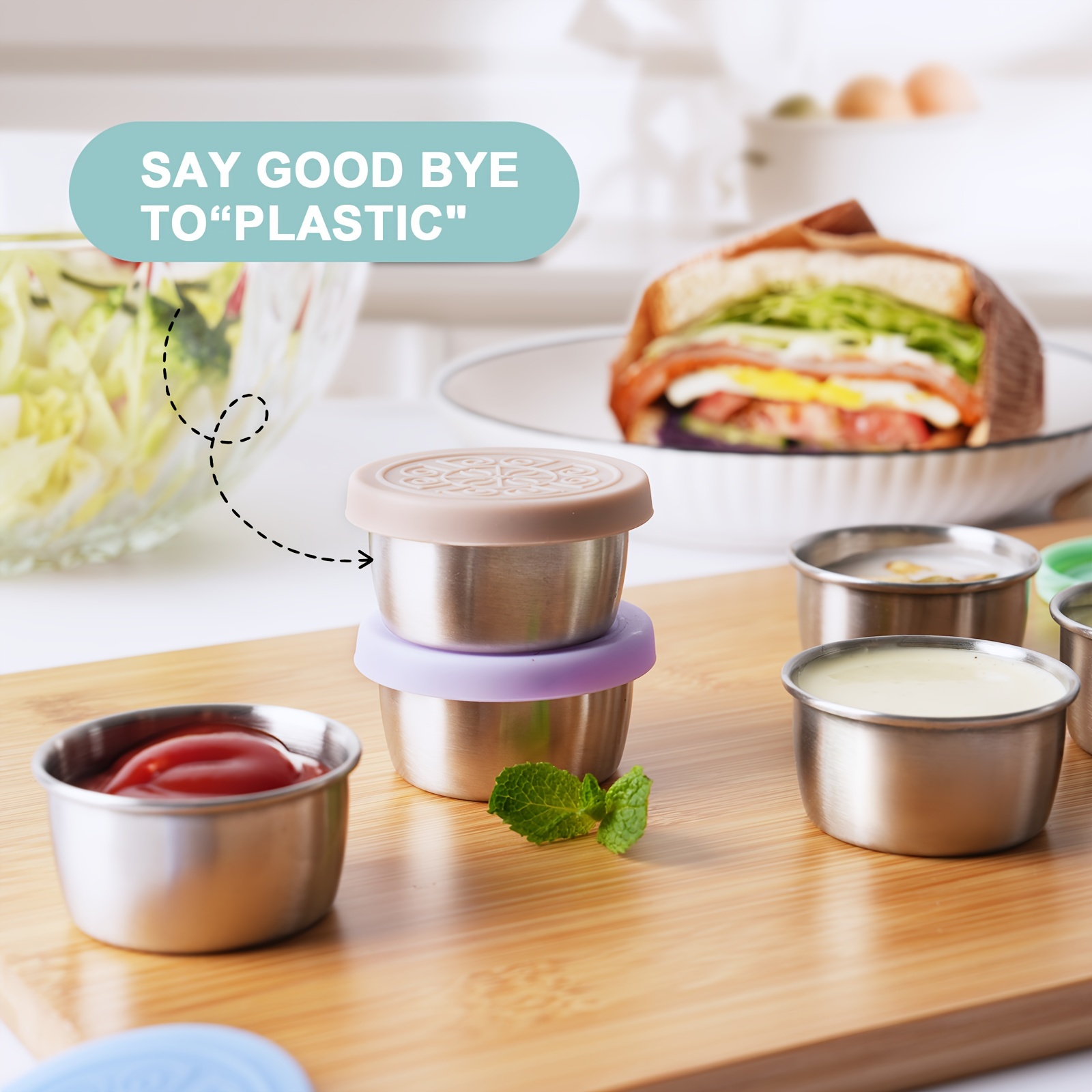 2/6x1.6oz Salad Dressing Containers with Lids, Small Leakproof Reusable Stainless Steel Salad Dressing Container to Go for Lunch Boxes, Sauce containers, Picnics, Travel Meal Prep And Kitchen Storage