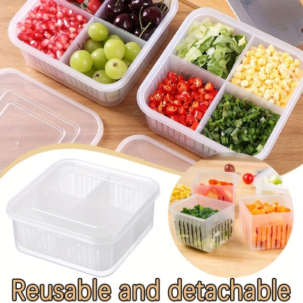 4-Compartment Food Storage Container with Drainage and Flip Top Lid, Hand Wash Plastic Multipurpose Organizer, Reusable Square Clear Partitioned Refrigerator Crisper with Detachable Sections for Salad, Fruits, Vegetables, Condiments
