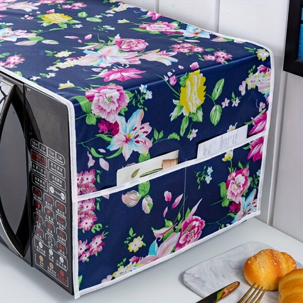 1pc Microwave Cover with Storage Pockets - Floral Pattern Polyester Microwave Oven Cover, Non-Food Contact Kitchen Accessory for Microwave & Oven, Stylish Kitchen Decor with Dark Background, Elegant Appliance Decor | Ventilated Fabric, Microwave Food Cover
