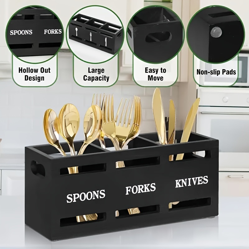 1pc Classic Wooden Kitchen Utensil Holder - Durable Storage Box for Spoons, Forks, Knives with Strong Iron Handle Design for Easy Mobility, Ideal for Home Organization, Shelf Baskets