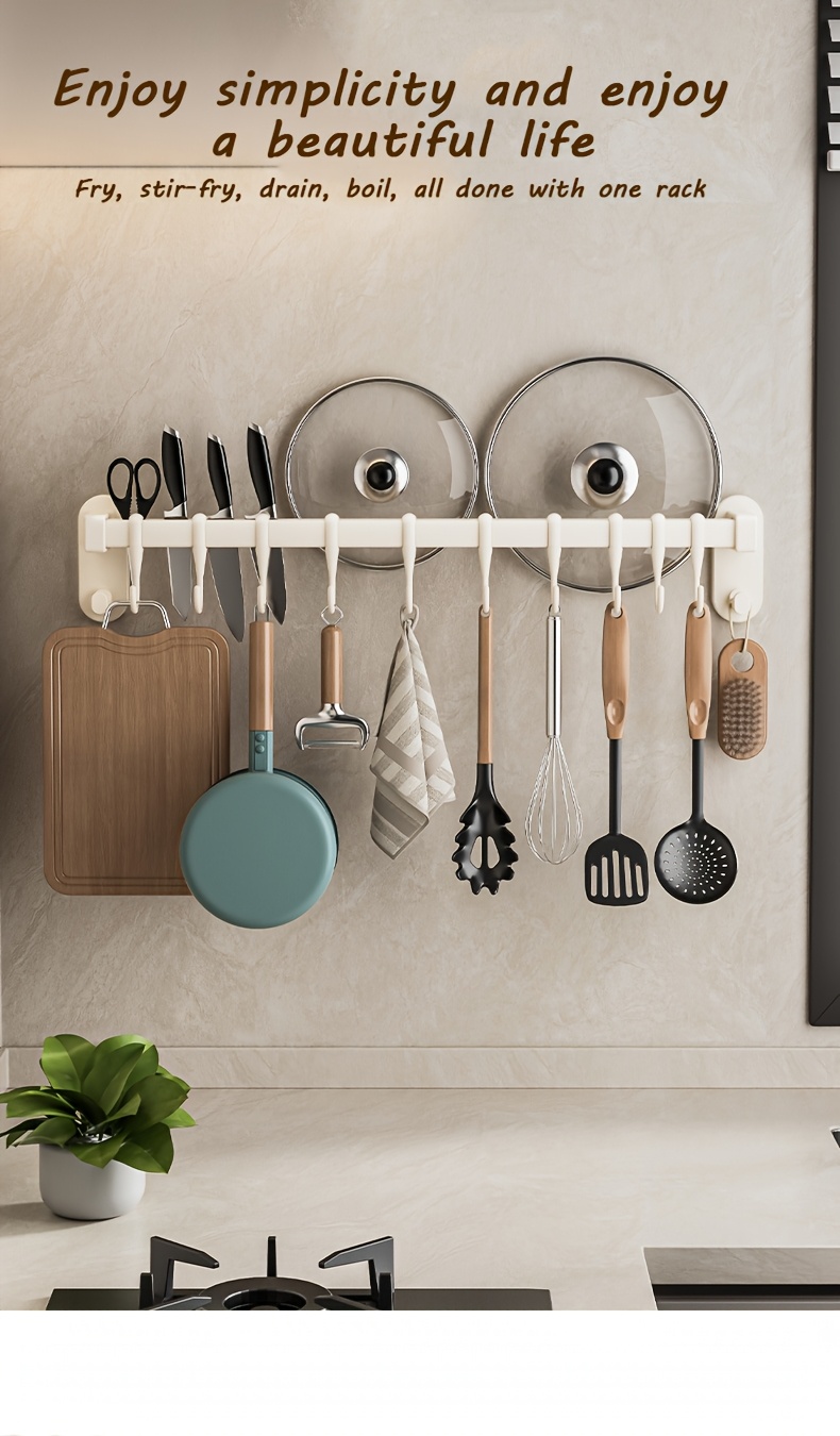 1pc Multifunctional Kitchen Storage Rack - Durable Plastic Wall-Mounted Organizer with Nail-Free Adhesive & Perforated Screws, Widened Raised Design for Utensils, Knives, Seasonings, Chopsticks, Rags - Space-Saving Kitchen Organization, Sleek Modern Look | Sturdy Construction, Kitchen Organizers And Storage