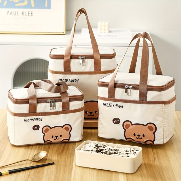1pc Non-food contact Large Capacity Insulated Lunch Bag - Portable, Dust & Waterproof Bento Box Carrier with Cute Bear Design, Durable Oxford Fabric, Brown Faux Leather Handles & Zipper Closure, Perfect for Students & Adults, Student Lunch Bag | Rectangular Lunch Bag | Durable Lunch Bag