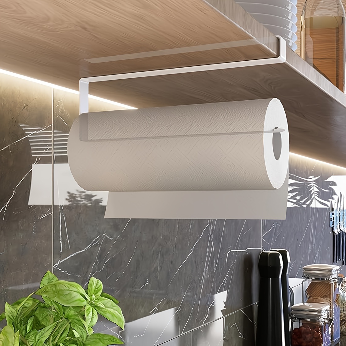 1pc Under Cabinet Kitchen Roll Holder, No Drilling Required, Space Saving, Modern Stainless Steel Paper Towel Rack, Durable Wrought Iron, Thickened Flat Wire With Rounded Edges & Tall Hook Design