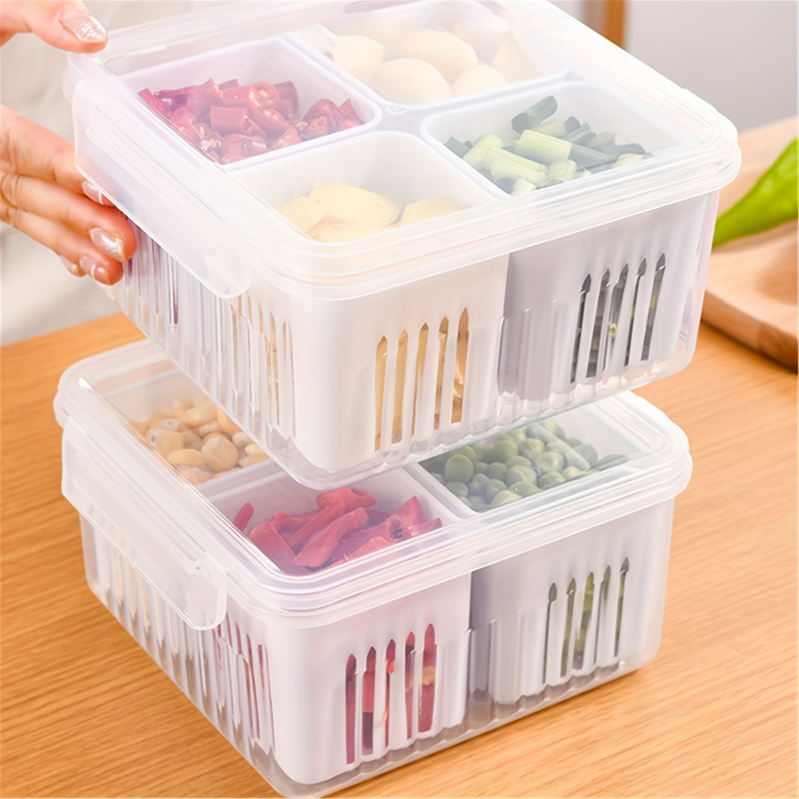 4-Compartment Food Storage Container with Drainage and Flip Top Lid, Hand Wash Plastic Multipurpose Organizer, Reusable Square Clear Partitioned Refrigerator Crisper with Detachable Sections for Salad, Fruits, Vegetables, Condiments - Image 4