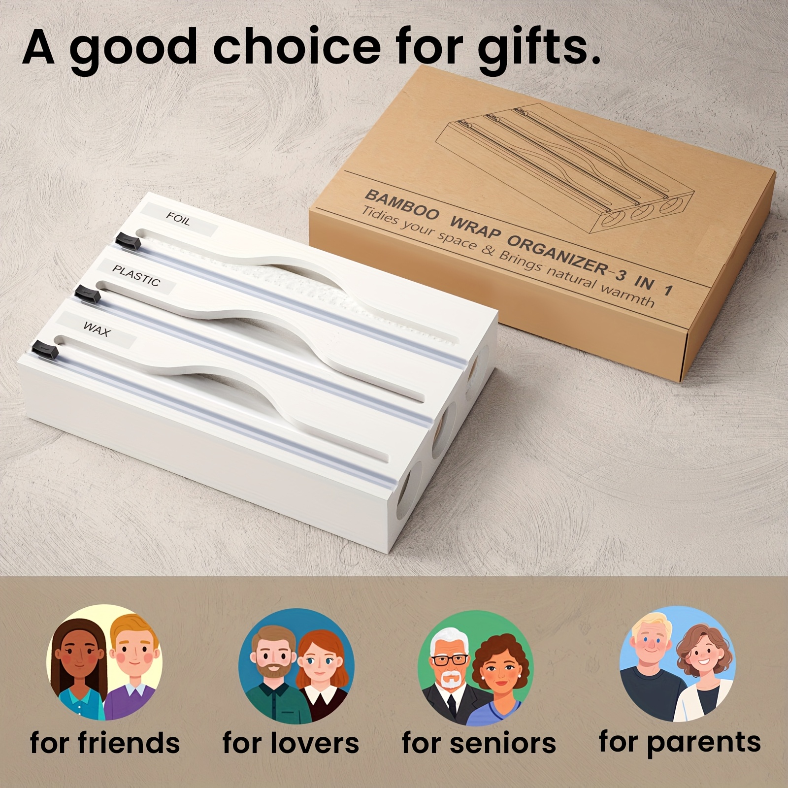 1pc Storage Box, 3 In 1 Bamboo Wrap Organizer With Cutter And Labels, Aluminum Foil Film Storage Dispenser, For Kitchen Drawer, Cabinet, Shelf And Counter, Kitchen Organizers And Storage, Kitchen Accessories