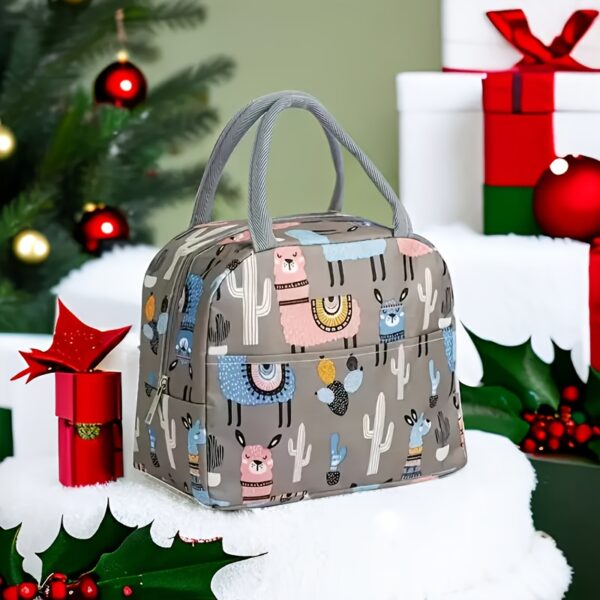Festive Cactus & Llama Insulated Lunch Bag - Durable Aluminum Foil, Thick for Hot/Cold Food, Square Polyethylene Meal Tote with Gray Handles, Perfect for Office Workers,