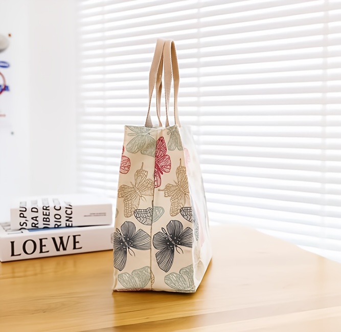 1pc Cartoon Printed Canvas Lunch Box Bag, Japanese Style Bento Tote, Office Worker Handbag, Lunch Pocket, Mommy Takeout Bag, Button Color Random, Non-Food Contact.,Back to School Lunch Bag