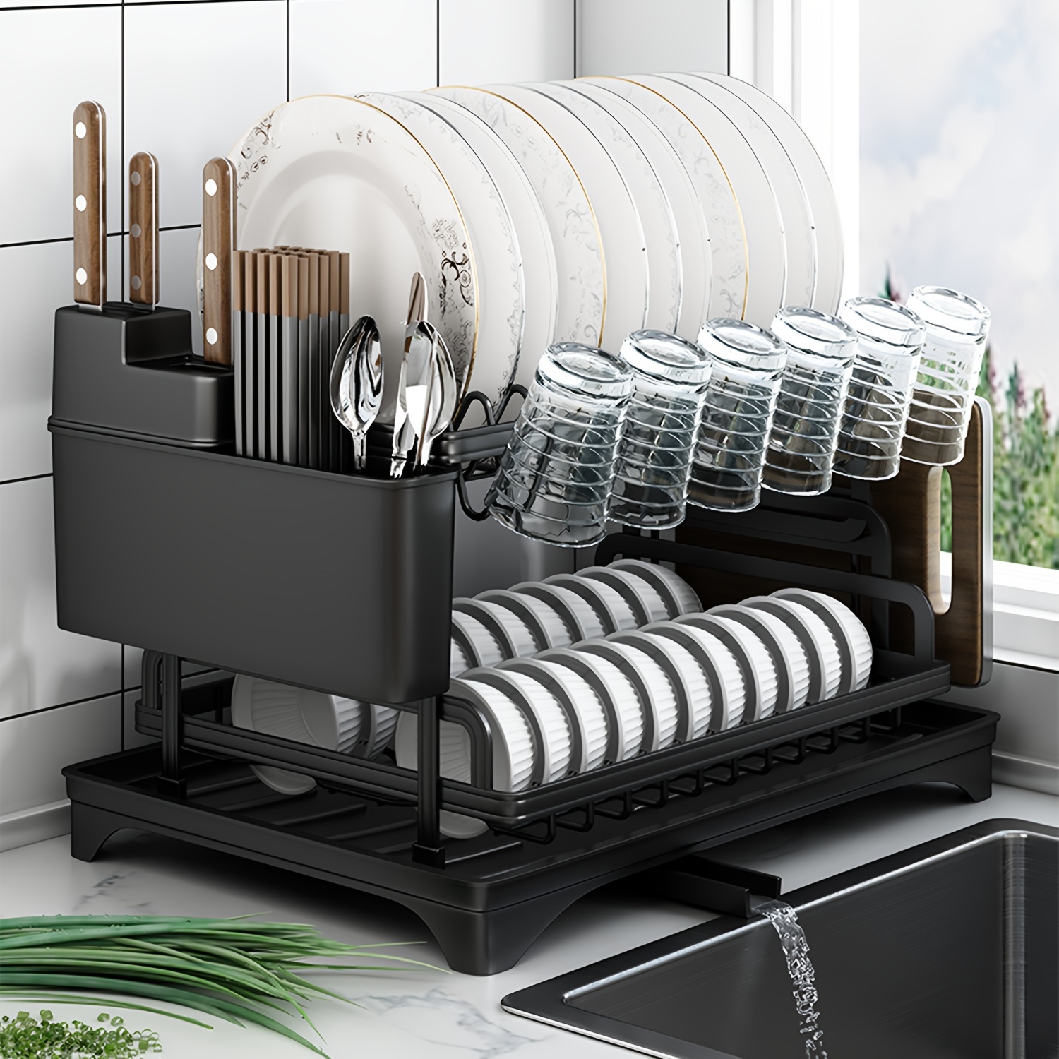 2-Tier Iron Dish Drying Rack with Drainboard and Cutlery Holder, Kitchen Countertop Plate Bowl Organizer, Dish Rack with Knife Block, Glass Holder - Perfect Gift for Women, Wife, Mother's Day Kitchen Gadget