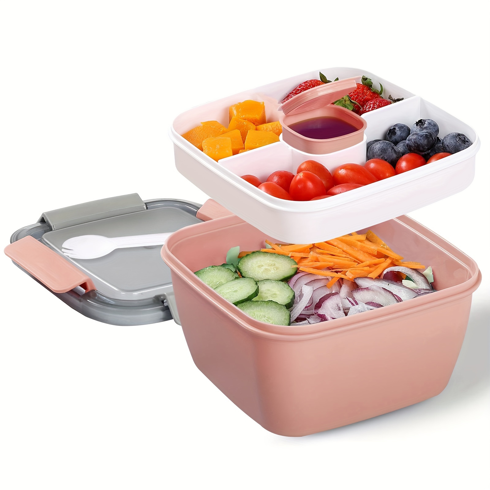 1pc Salad Box 1100ML, Portable Salad Lunch Container, 2 Compartments with Dressing Cup, Large Bento Boxes, Meal Prep to Go Containers for Food Fruit Snack,Back to School