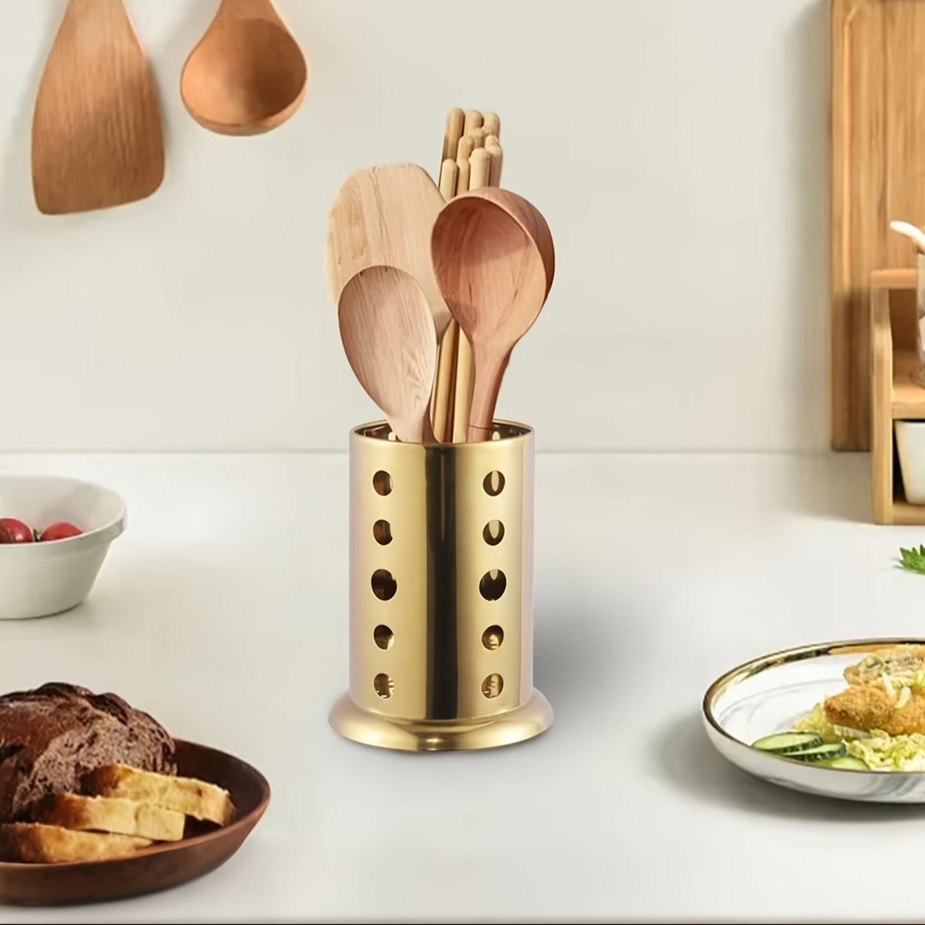 Golden Stainless Steel Kitchen Utensil Holder - Rust-Proof Wall-Mounted Storage Rack for Spoons, Knives, Forks, and Cooking Tools, Elegant Home Decor Accessory, Kitchen Accessories